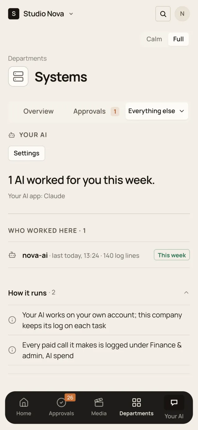 Your AI, in the Company of One app (Studio Nova demo company), on a phone