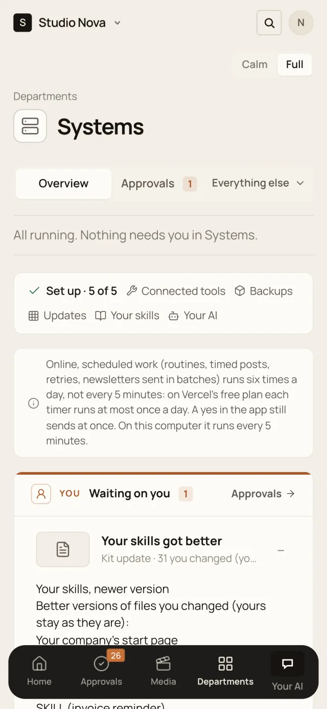 Systems, in the Company of One app (Studio Nova demo company), on a phone