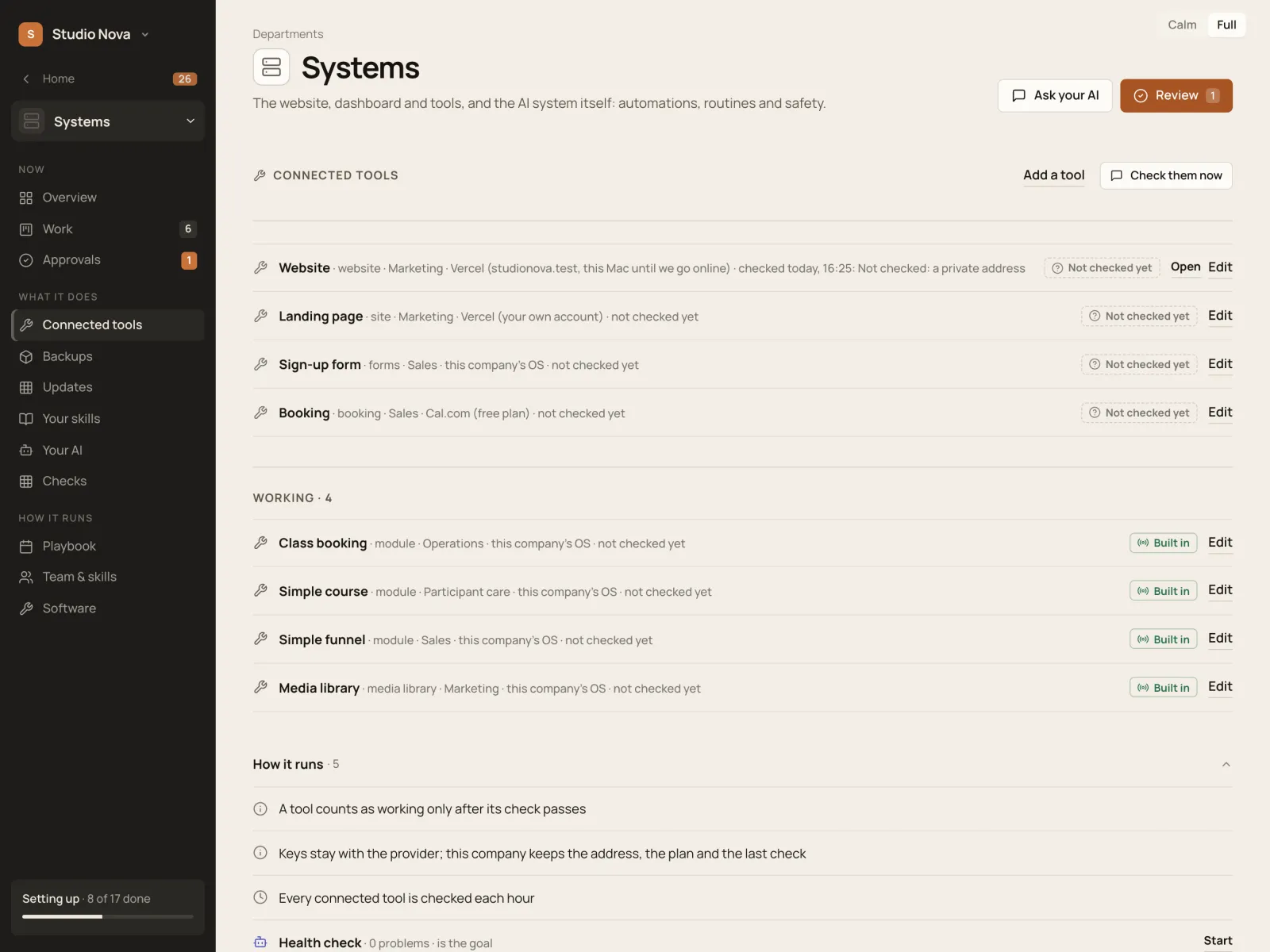 Your tools, in the Company of One app (Studio Nova demo company), on an iPad