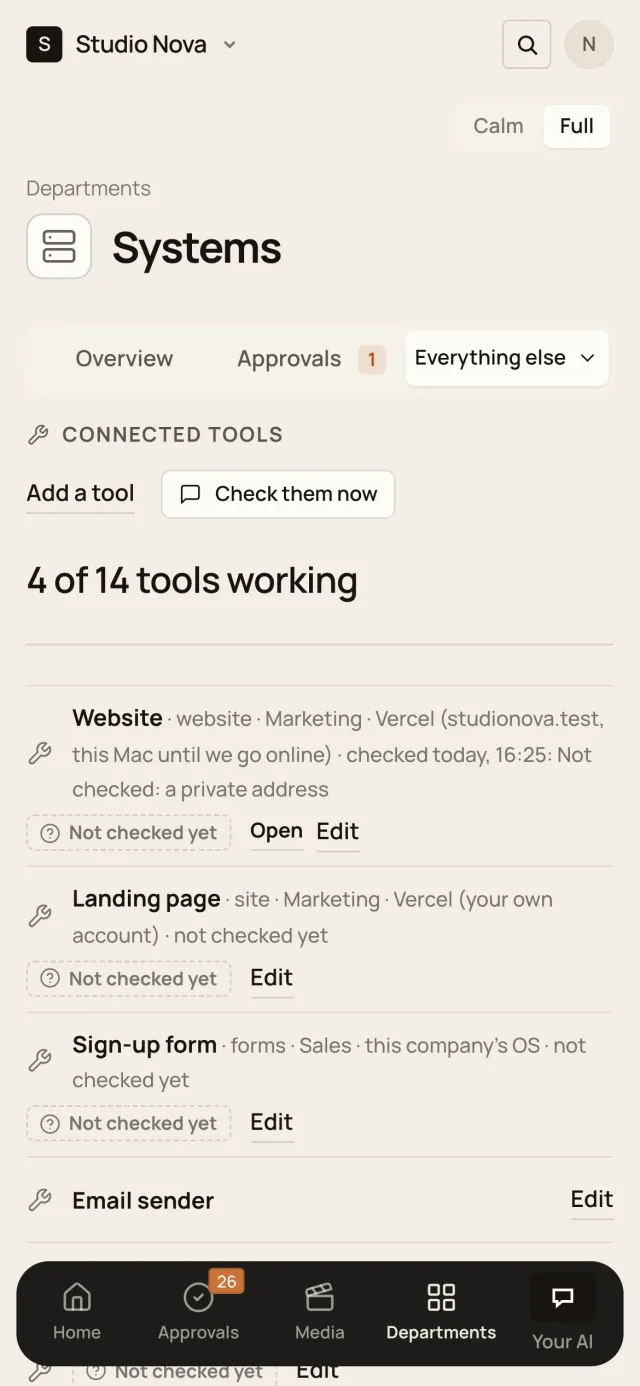 Your tools, in the Company of One app (Studio Nova demo company), on a phone