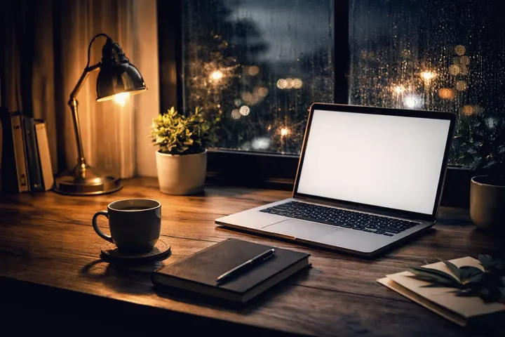 A laptop on a desk by a rainy window at night, lamp still on